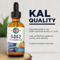 Supplement facts for KAL D3 + K2 Liquid DropIns – with 5000 IU Vitamin D3 and 90 mcg Vitamin K2 MK-7