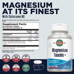 Close-up of KAL Magnesium Taurate Plus tablets – vegan, gluten-free, non-GMO supplement