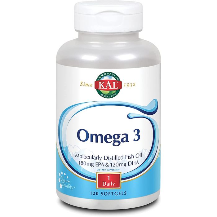 Softgels pouring from KAL Omega‑3 bottle for daily wellness