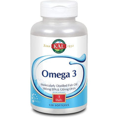 Softgels pouring from KAL Omega‑3 bottle for daily wellness