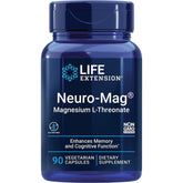 "Front view of Life Extension Neuro-Mag bottle – vegetarian, non-GMO, gluten-free"