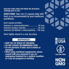 Side view of bottle and capsules – Non-GMO, gluten-free selenium supplement