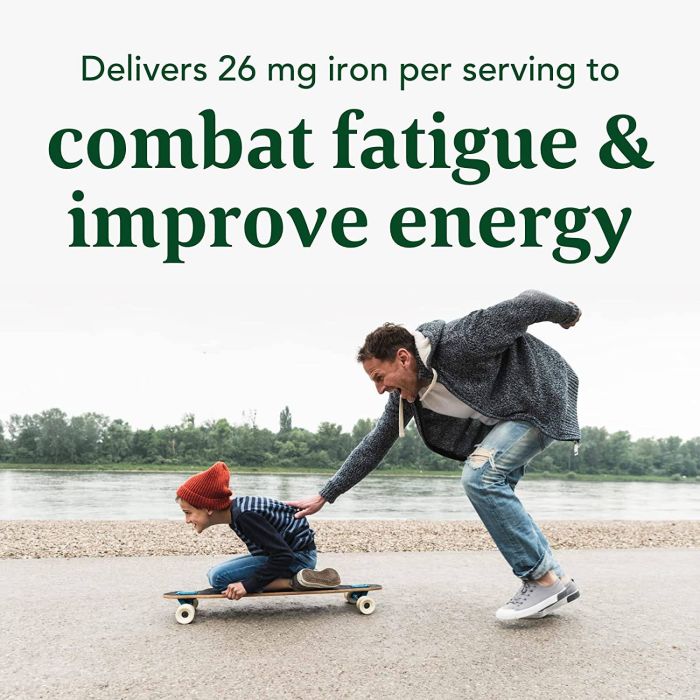 Supplement label for MegaFood Blood Builder showing iron, B12, folate, and vitamin C content"