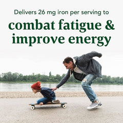 Supplement label for MegaFood Blood Builder showing iron, B12, folate, and vitamin C content"