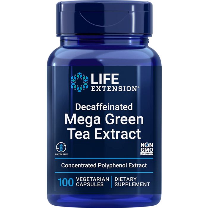 "Mega Green Tea Extract bottle and capsules – Life Extension vegan formula with high antioxidant potency"