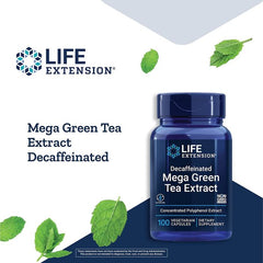 "Front label of Mega Green Tea Extract supplement by Life Extension – decaffeinated, high-EGCG formula"