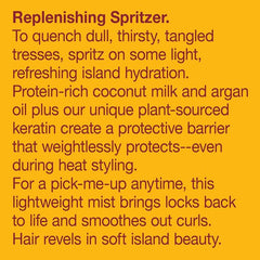 "Label of Alba Botanica Mega Moisture Mist with jojoba oil and aloe for frizz control"