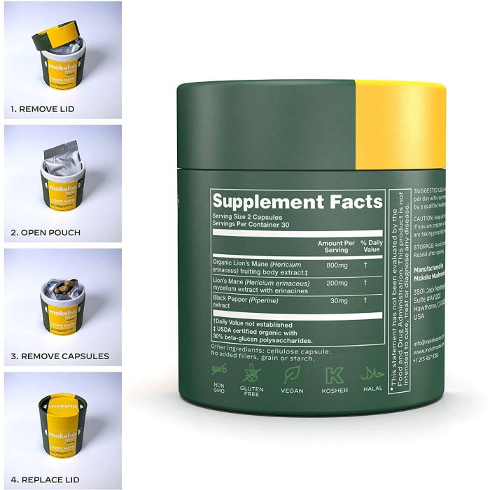 Moksha Focus Lion’s Mane Mushrooms Erinacines Brain Health 60 Caps