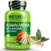 Naturelo Ashwagandha softgel capsules – 60 vegan capsules for stress relief, mood support, and energy enhancement.