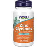 Back label view of NOW Zinc Glycinate – allergen-free, made in USA, 120 softgels per bottle