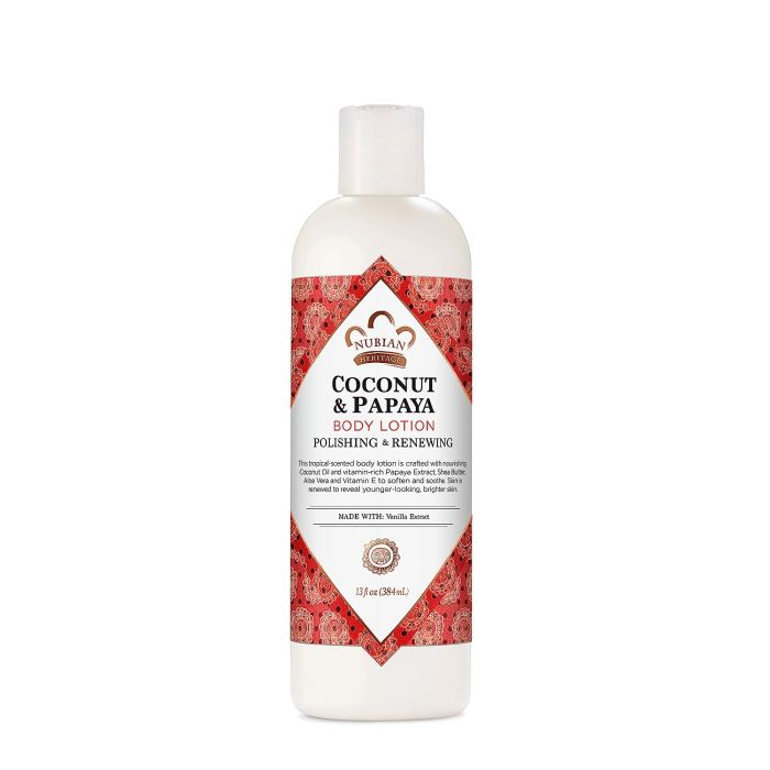Close-up of Nubian Heritage 13 oz body lotion bottle – exfoliating and renewing formula