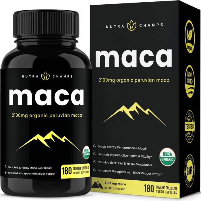 Nutra Champs Organic Maca Root – 100% pure Peruvian maca for improved energy, 180 vegan capsules.