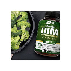 Supplement Facts label showing 400mg DIM and 5mg BioPerine per capsule