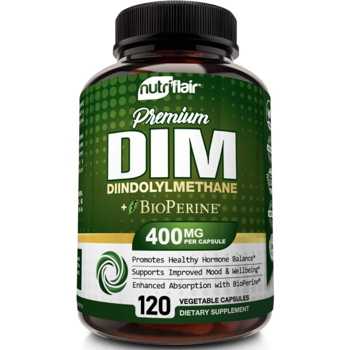 NutriFlair Premium DIM + BioPerine bottle with mood and estrogen metabolism support