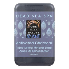Back label of One With Nature Dead Sea Mineral Soap showing ingredients and certifications"