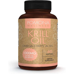"Red softgel capsules of Pomona Krill Oil for brain, heart, and joint support"
