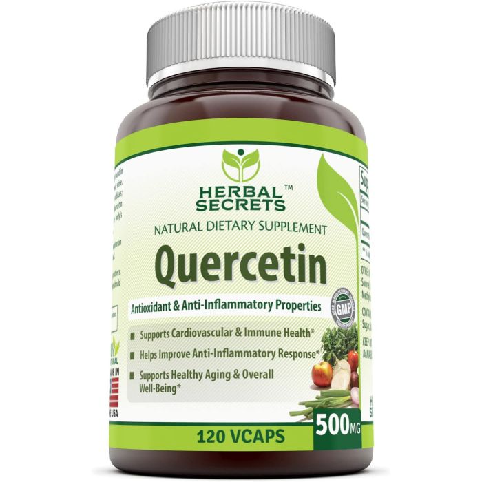 Supplement facts panel of Quercetin 500 mg – high-potency flavonoid for inflammation support