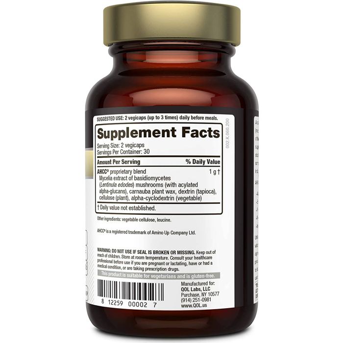 Ingredients of Kinoko Gold AHCC Immune Support – AHCC® extract, Vitamin C, Magnesium Citrate, 60 veggie capsules.