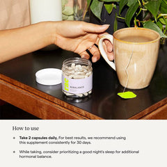 Supplement facts for RAE Rebalance – featuring Chaste Tree Extract, DIM, Magnesium, and Vitamin D3 for hormonal health.