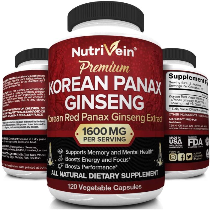 Nutrivein Pure Korean Red Panax Ginseng Energy Boost 120 Veggie Caps