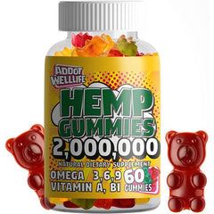 The Addot Welllife Hemp Vitamin Gummies by supplementcorner offers 60 vegan gummies infused with Omega 3, 6, 9 and Vitamins A and B1 per serving, promoting relaxation. Its vibrant bottle design features cheerful gummy bears, radiating healthfulness.