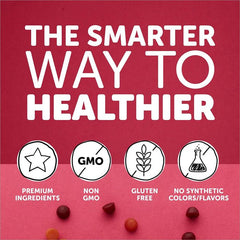 With a pink and red background, The Smarter Way to Healthier is highlighted alongside icons for premium ingredients, non-GMO, gluten-free, and no synthetic colors/flavors. The supplementcorner Smarty Pants Womens Formula Multivitamin includes small brown, red, and orange gummies at the bottom.