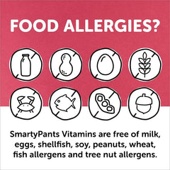 A red and white graphic displays icons of allergens like milk, peanuts, eggs, wheat, shellfish, fish, soy, and tree nuts. The text emphasizes that supplementcorners Smarty Pants Womens Formula Gluten Free Multivitamin 180 Gummies are free from these allergens and provide essential nutrients for women.