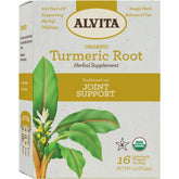 "Back label of Alvita Turmeric Tea – certified organic, gluten-free, and kosher"