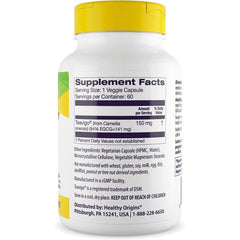 "Close-up of Healthy Origins Teavigo 150 mg green tea extract capsules for immune and heart health"