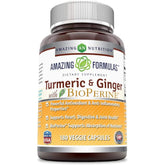 "Amazing Formulas Turmeric & Ginger with BioPerine – 180 Veggie Capsules bottle front view"