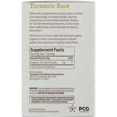 "Supplement Facts panel showing turmeric root content per tea bag"