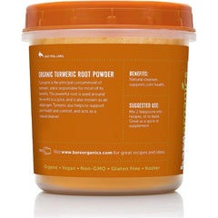 "Back label of BareOrganics Turmeric – supplement facts and usage guide"