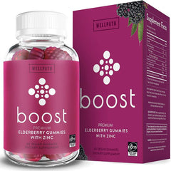 Close-up of elderberry gummies in bottle – tasty daily wellness formula