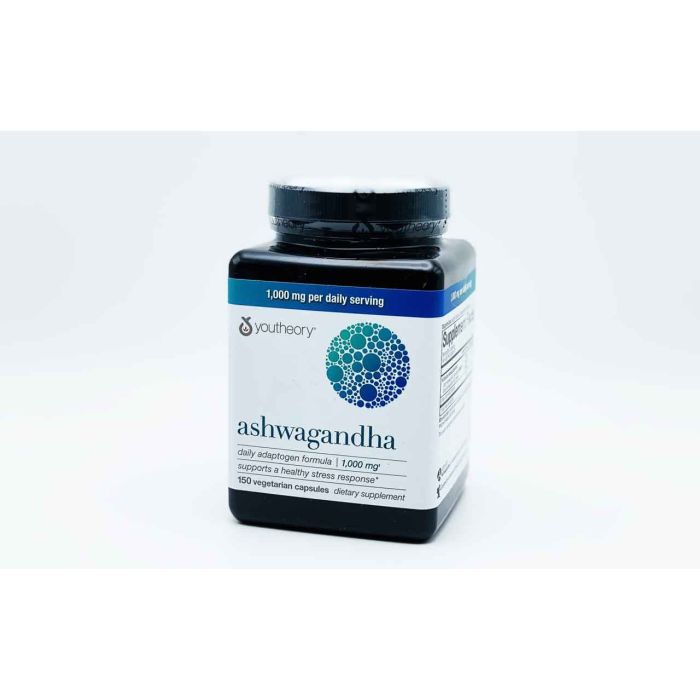 Youtheory Ashwagandha bottle highlighting vegan, gluten-free labels