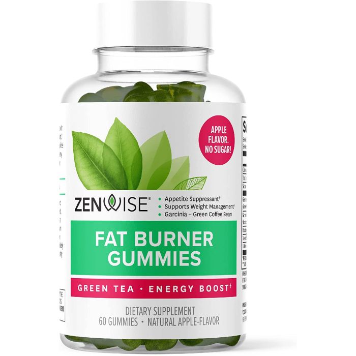 "Two Zenwise fat burner gummies shown on white background – pectin-based apple flavor"