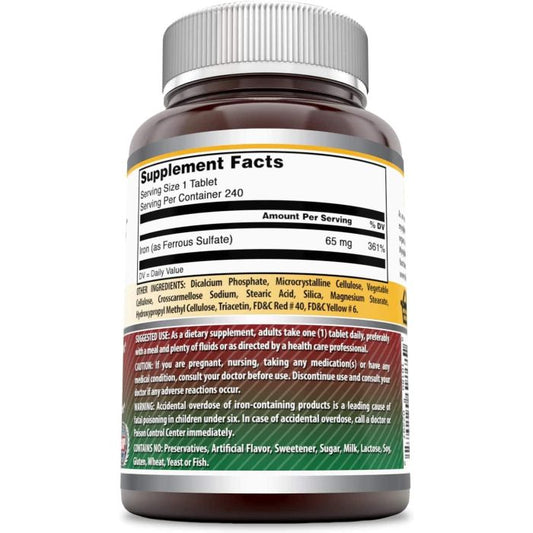 Amazing Formulas Iron (Ferrous Sulfate) 65mg – 240 Tablets