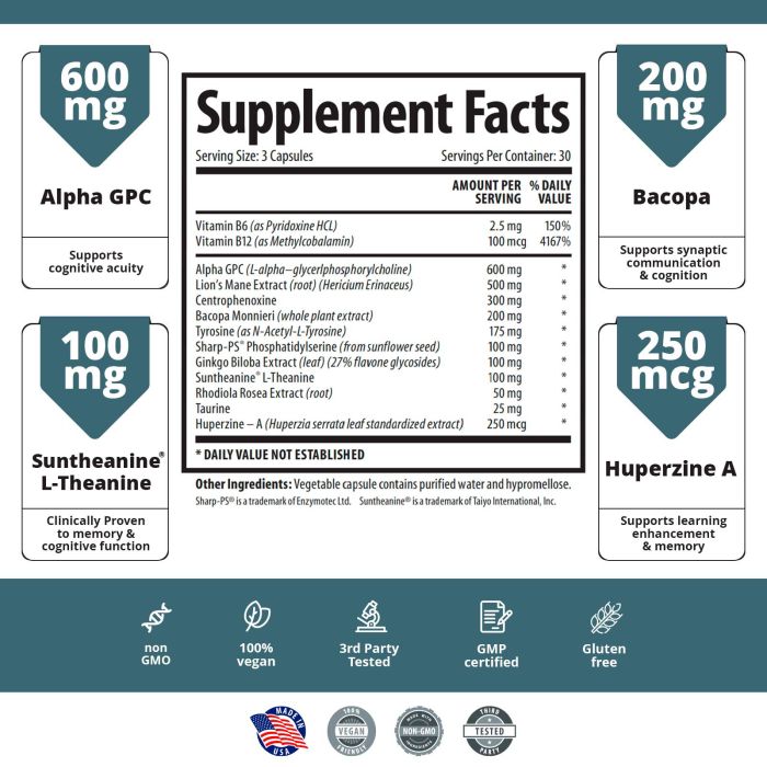 1 Body Brain Support Focus Boost – Natural cognitive support supplement, 90 vegan capsules.