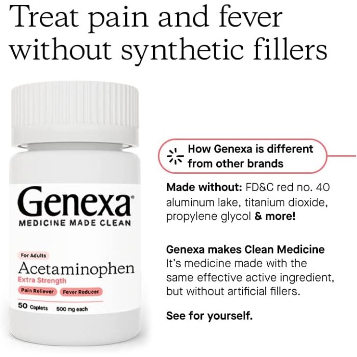Genexa Extra Strength Acetaminophen Pain Fever Relief 50 Caplets
