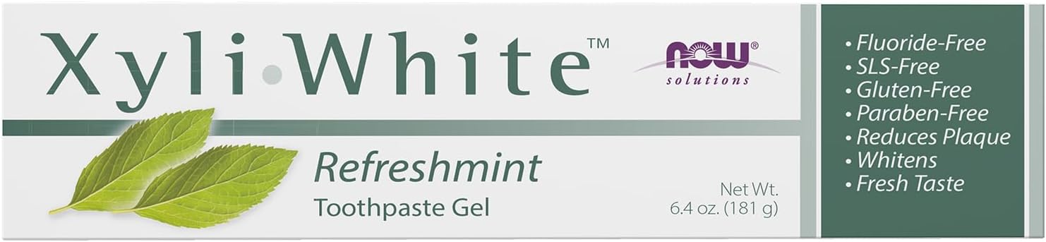 XyliWhite toothpaste ingredients panel with xylitol papain peppermint and spearmint oils