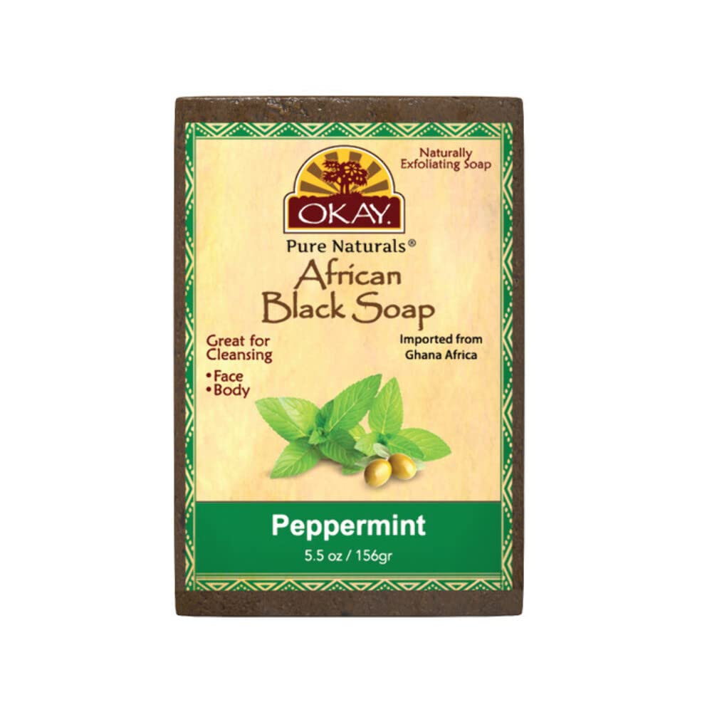 OKAY African Black Soap with peppermint for face and body cleansing and exfoliation