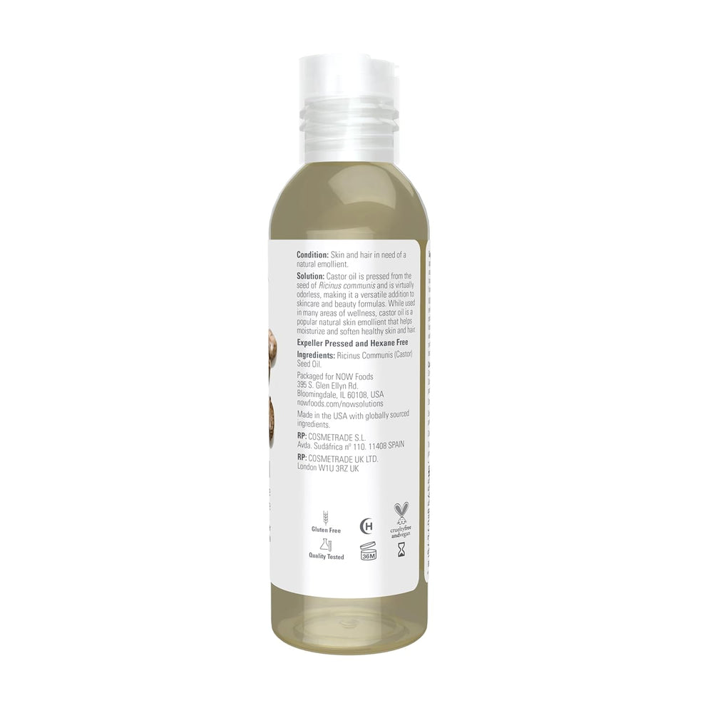 NOW Solutions Castor Oil side label showing suggested use and cautions