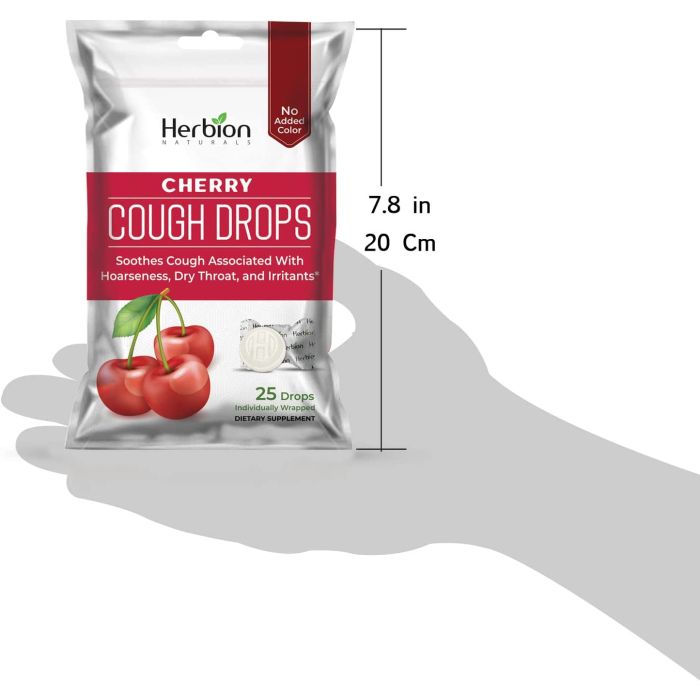 Close-up of Herbion Naturals Cherry Cough Drops showing natural ingredients and no artificial colors