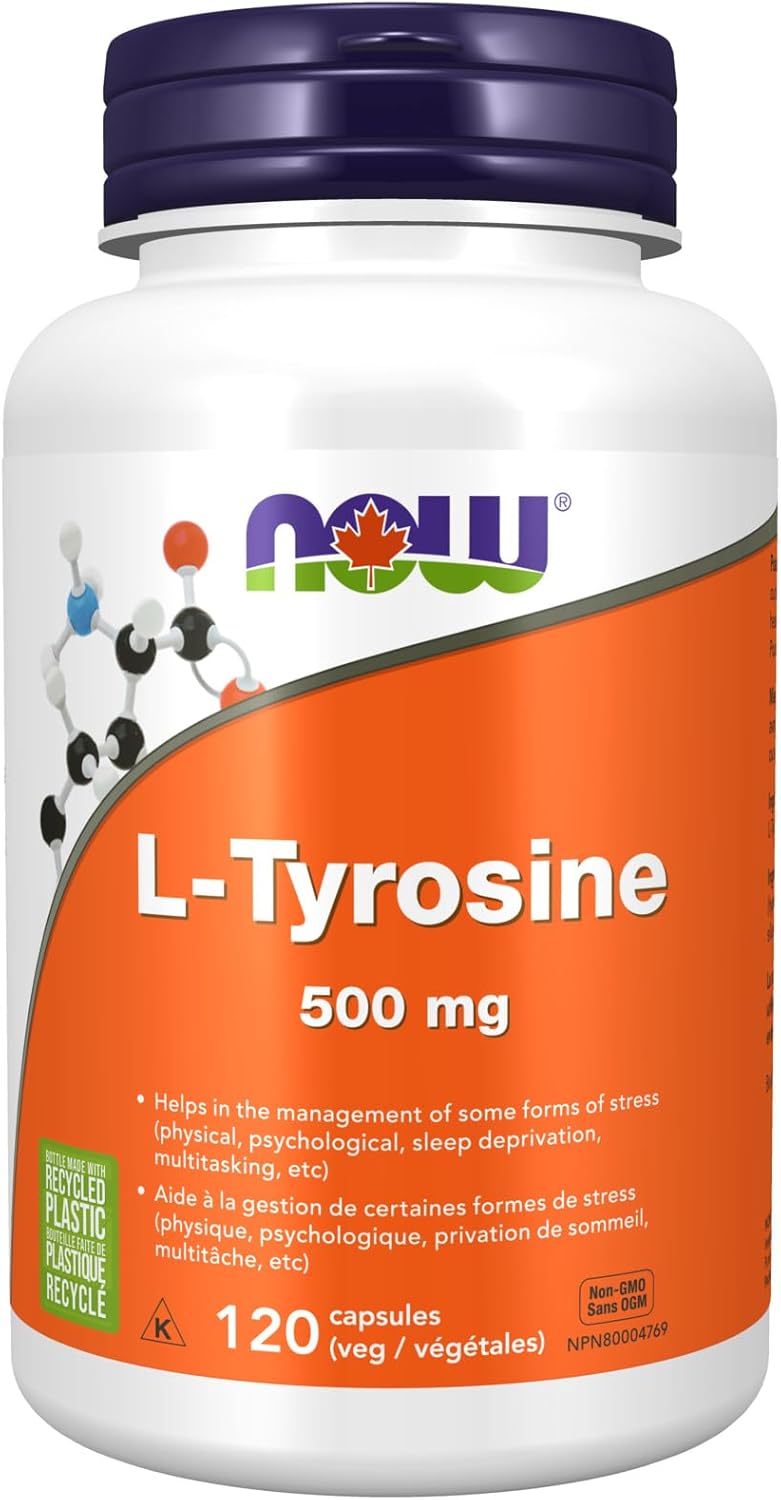 NOW L-Tyrosine 500 mg supplement bottle for cognitive wellness and glandular function support.