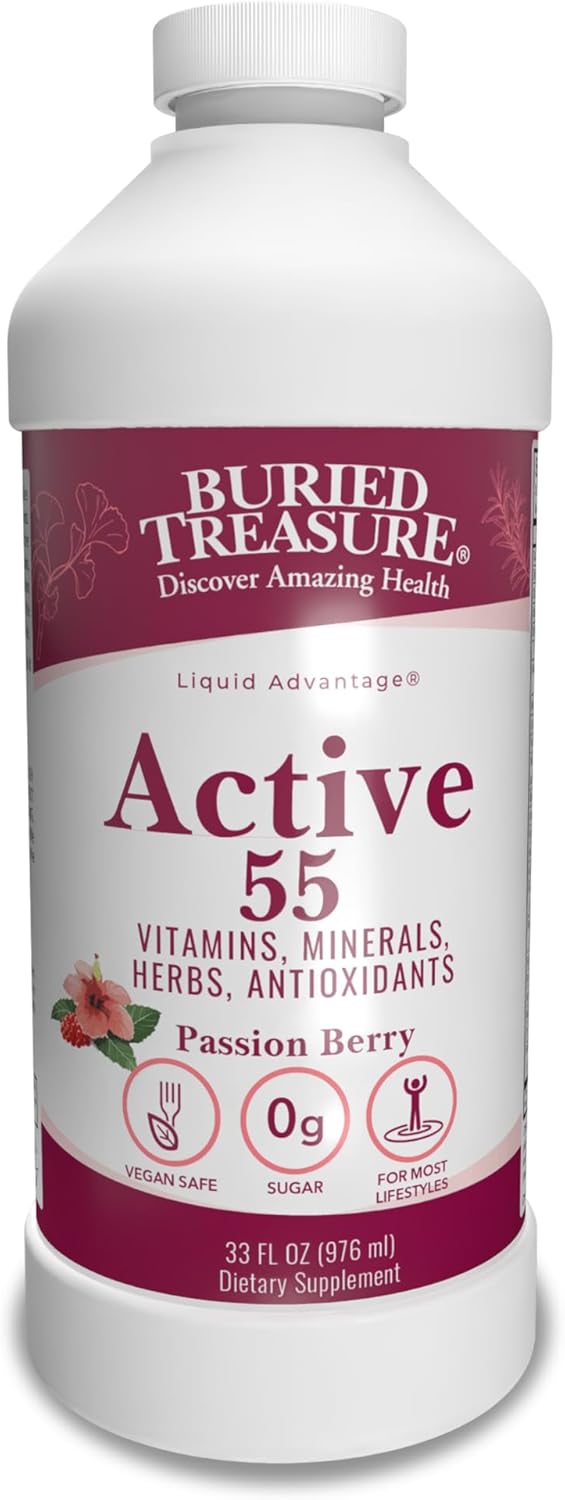 Buried Treasure Active 55 Plus dietary supplement bottle with 32 servings for healthy aging