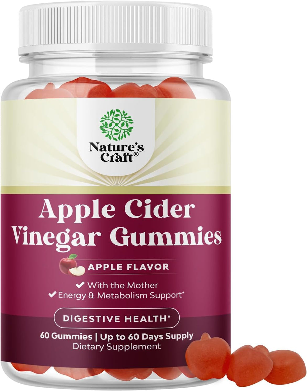 Nature’s Craft Apple Cider Vinegar Gummies back label with dosage and caution text