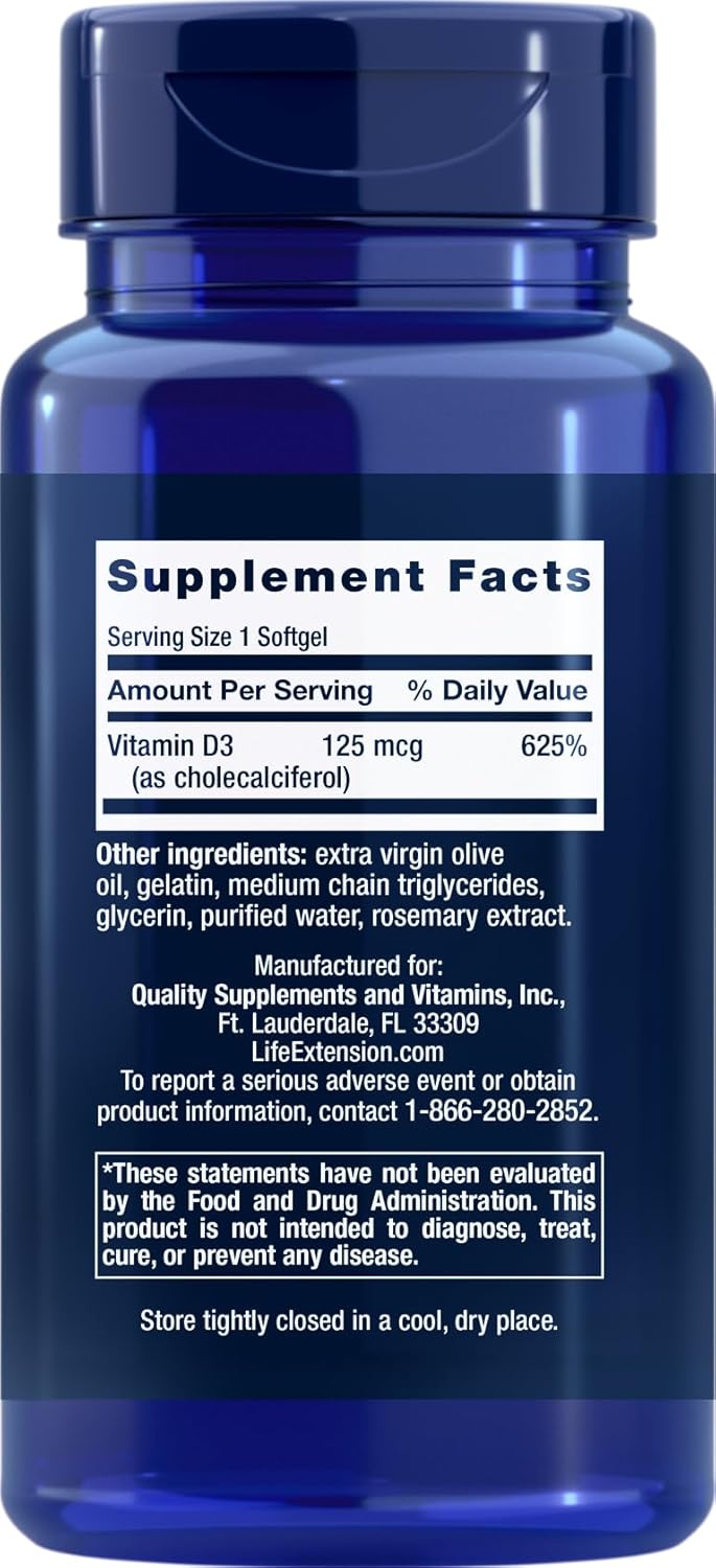 Life Extension Vitamin D3 supplement front label for bone growth and density