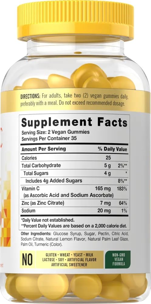 Vegan vitamin C and zinc gummies with natural lemon flavor and non GMO formula