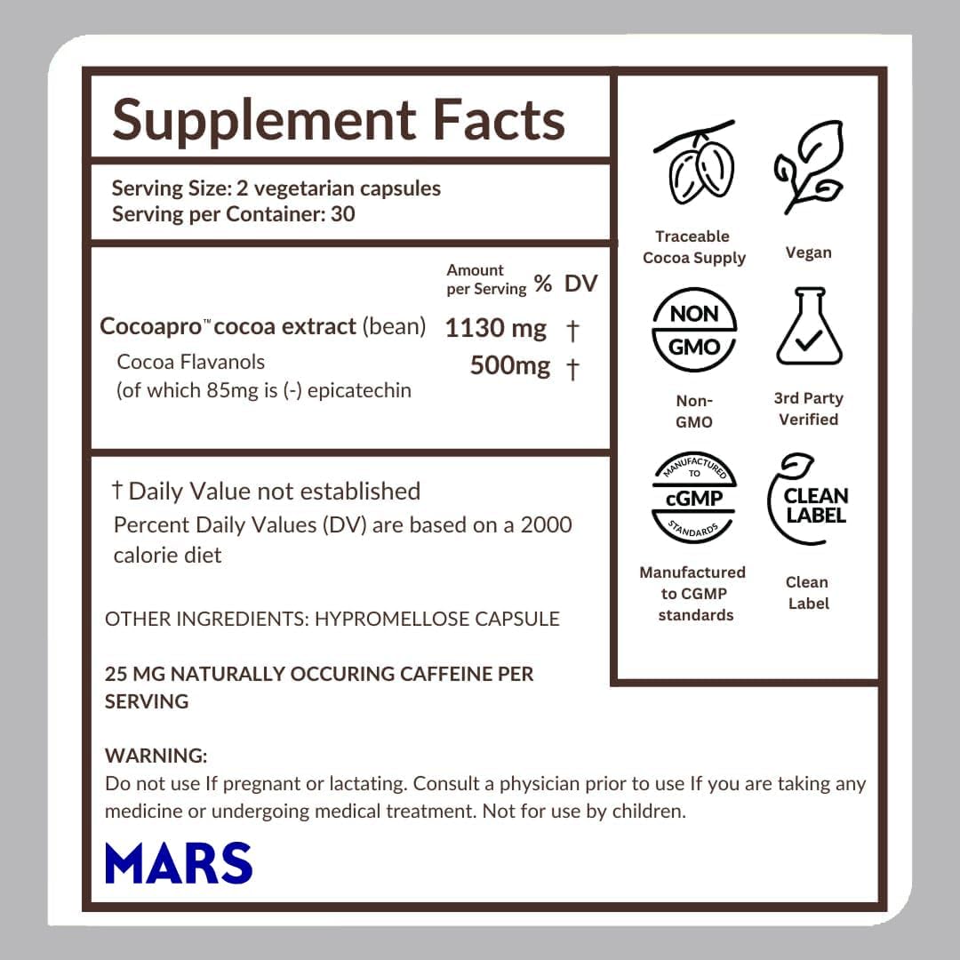 CocoaVia supplement facts label showing cocoa flavanols and antioxidant ingredients