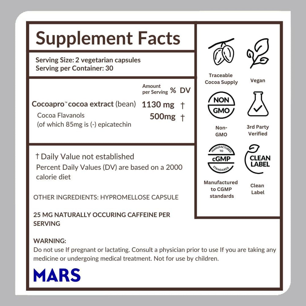 CocoaVia supplement facts label showing cocoa flavanols and antioxidant ingredients