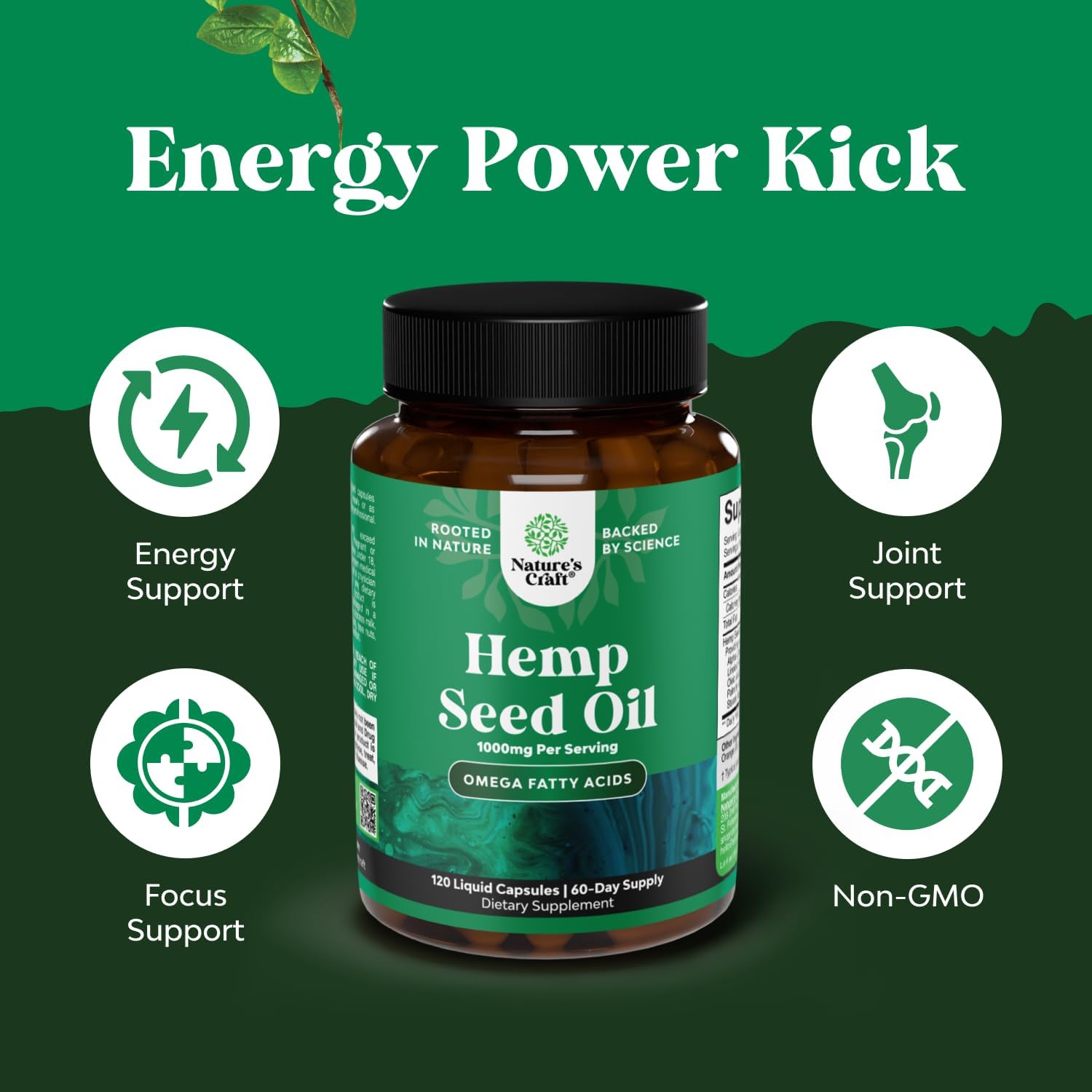 Hemp Seed Oil omega 3 6 9 supplement bottle with 60-day supply and 120 capsules